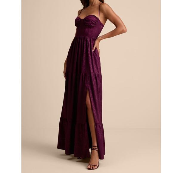 Lulus Dresses & Skirts - NEW Lulus Vasilia Plum Purple Satin Jacquard Full Tiered Corset Maxi Dress Small